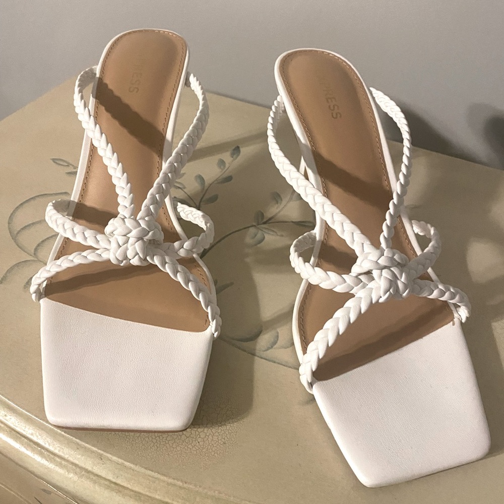 White Square Toe Strappy Kitten Heels